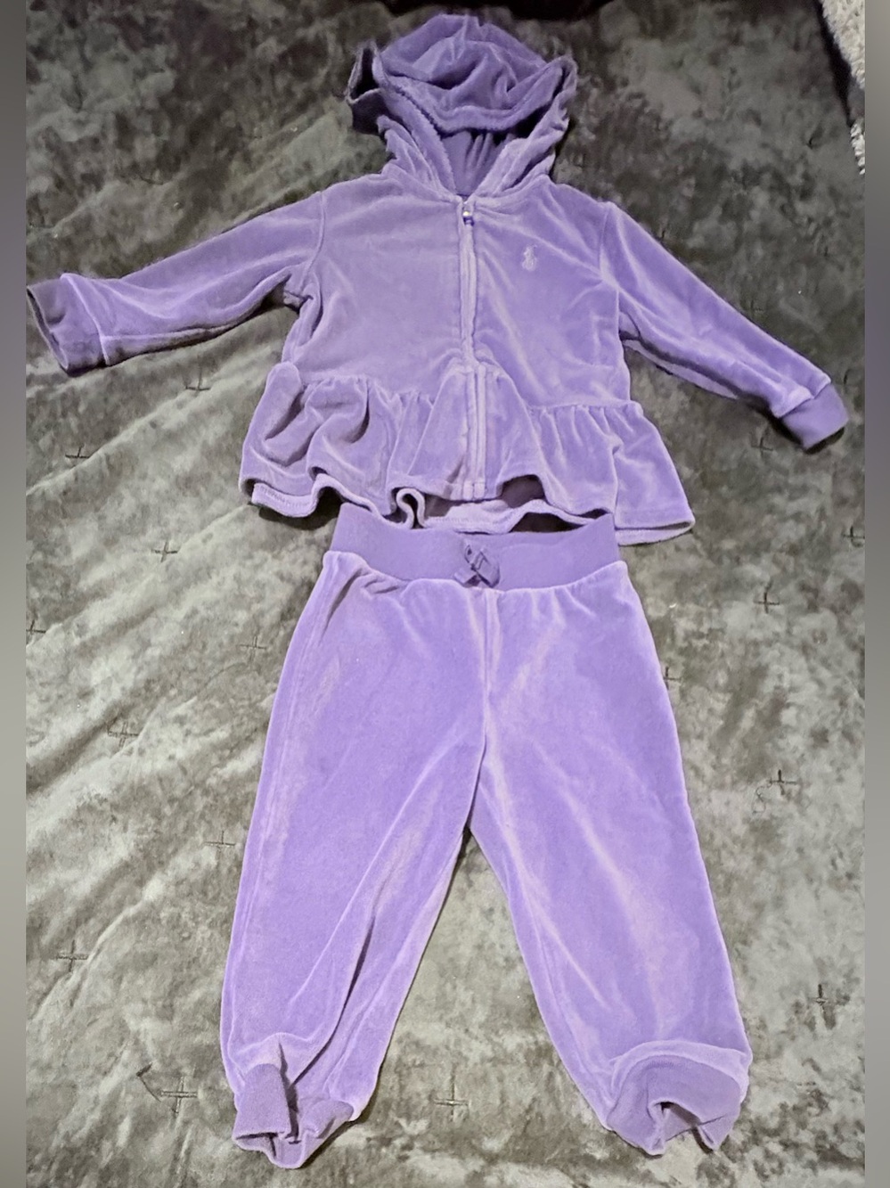 Polo Ralph Lauren Baby Velour Purple Peplum Hoodie & Jogger Pants Set Size 18M